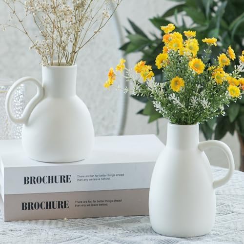 Tanvecle White Ceramic Vase Set - 2 Small Vases with Handle, Pott...