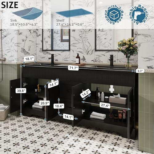 Image of eclife 72 inch Bathroom Vanities Sink Combo with Painted Surface, Modern Drawered Cabinet W /Decorative Wave Lines, Undermount Double Black Sink, Matte Black Faucet Drain, Black