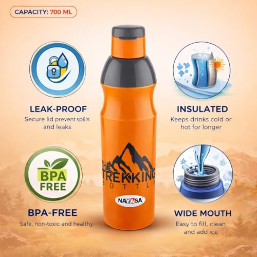 Image of Nayasa Trekking 700ml Water Bottle | BPA-Free Insulated Plastic Inner | Leak-Proof Twist Cap | For Office, School, Gym, Travel, and Outdoor Use | Orange