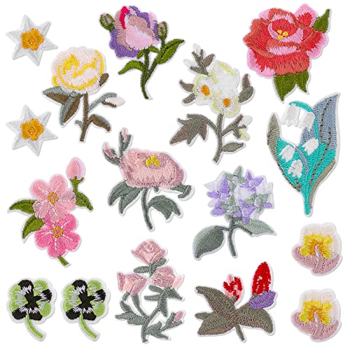 Cobee Parches para planchar con flores, 16 piezas bordadas, parches decorativos para coser, parches de reparación para coser parches de bricolaje para ropa jeans bolsos chaquetas sombreros