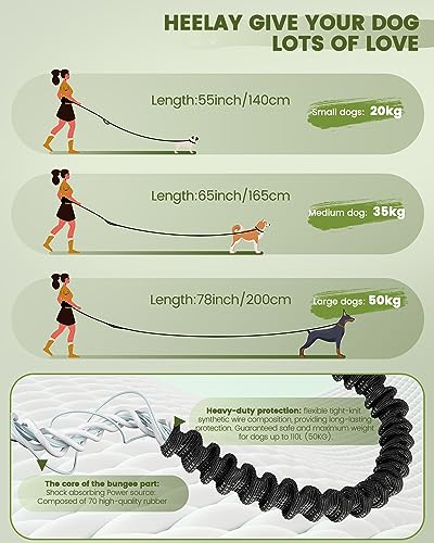 Heelay Hands Free Dog Leash For Medium And Large Dogs With Waist Belt Pouch[Leash 55-78"]Dog Running Leash For Training Hiking Jogging Running Walking With Double Hand Loops|Reflective Stitches Green #TOP1