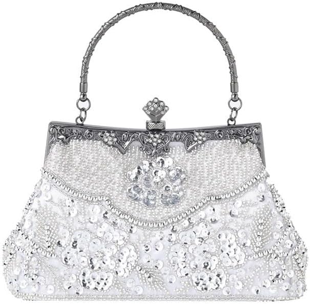 HUFFA Women's Handbag Retro Beaded Embroidery Bag Evening Bag Shoulder Strap Crossbody Bag Cheongsam Bag (Color : Silver 3)