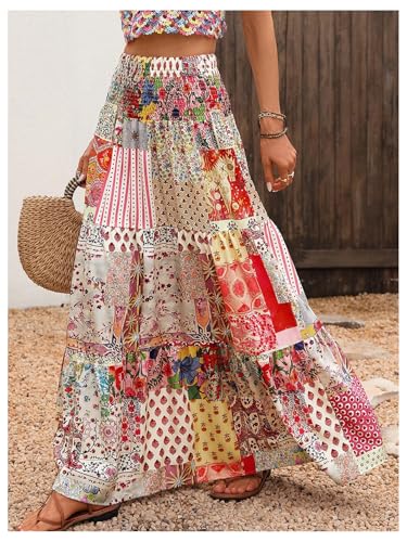 Verdusa Women's Boho Printed Ruffle Skirt Elastic High Waisted A Line Flowy Long Skirts3