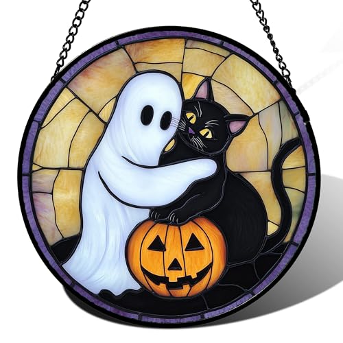 Image of Stained Glass Window Hanging - Halloween Decorations Cute White Ghost Black Cat Suncatcher for Doors Garden Spooky Sun Catchers Gothic Decor Horror Gifts for Women Men Friend Boy 15 in
