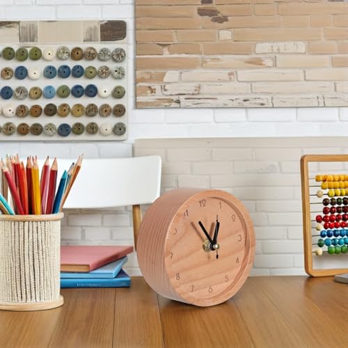Reloj de escritorio redondo de madera analógico y compacto para estanterías 7
