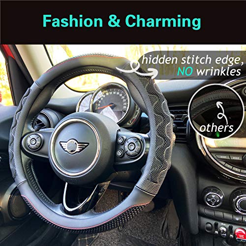 PINCTROT Steering Wheel Cover Great Grip with 3D Honeycomb Anti-Slip Design, Universal 14.5-15 Inch (Black/Red Stitch) by PINCTROT - Image 2