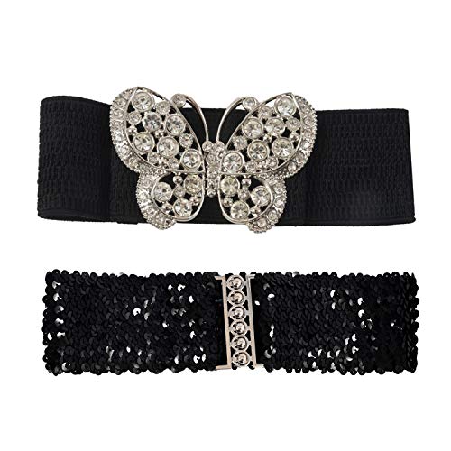 2 Pcs Women Rhinestones Accent Butterfly Hook Buckle Black Elastic Cinch Waist Belt - 56x7cm & 58x5cm, Black