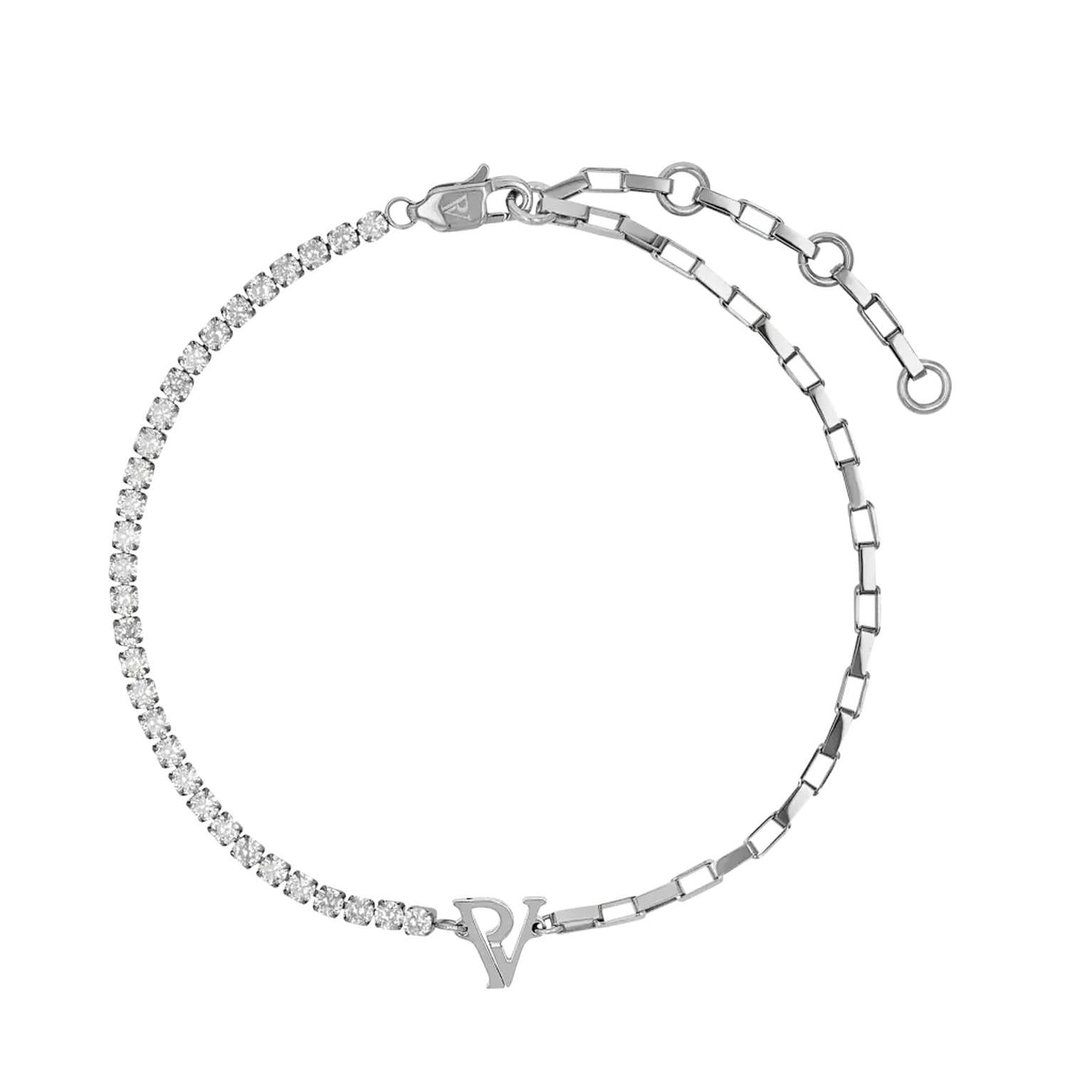 PAUL VALENTINE Tennis & Chain Anklet - Cavigliera da donna in acciaio inox, 19 cm + 5 cm di estensione, 27 zirconi bianchi, logo PV, chiusura a moschettone