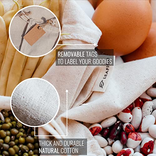 Organic Cotton Produce Bags - Medium 8X10 Inch - 12 Pcs Reusable Muslin Storage Bags With Drawstrings - Canvas Bags - Biodegradable Fabric Bags - Snack Bags - Cloth Bags By Leafico #TOP3