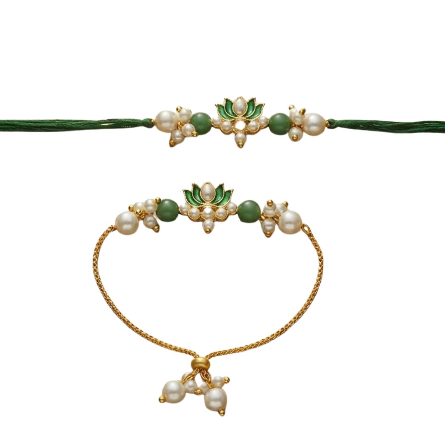 Elegant Lotus Inspired Bhaiya Bhabhi Rakhi Combo Featuring Beaded Decorative Design-image-10
