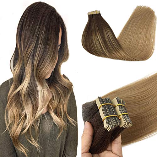 GOO GOO 14 Inch Tape in Hair Extensions Human Hair Chocolate Brown to Dirty Blonde Tape in Hair Extensions 20pcs 50g Remy Human Hair Extensions for Women
