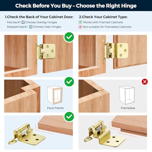 Image of Ravinte 4 Pack (2 Pairs) 1 /2 inch Overlay Cabinet Hinges, Self-Closing Semi-Concealed Face Mount, Satin Brass Decorative Hardware with Door Bumpers for Kitchen & Cupboard Doors, Gold