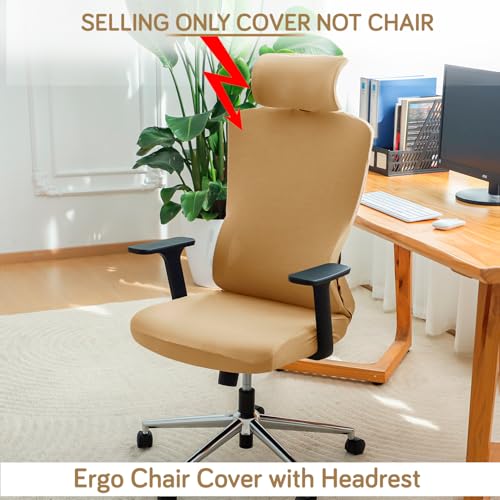 Image of HOKIPO 'SereneSolids' 140 GSM Office Chair Cover with Headrest (High-Back) - 140 GSM Stretch Fabric - Washable, Anti-Slip Fit for Ergonomic Mesh Office Chairs, Camel (AR-5369-CML)