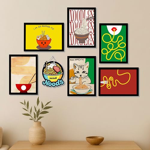 Image of PAINTINGMANTRA Ramen & Noodle Wall Art Framed Painting Kitchen Food Illustration & Typography Painting with Frame Dining & Cafe Wall Decor for Restaurant, Home & Bar Set of 7 (1 MDF wall Hanging), 9x13 Inch
