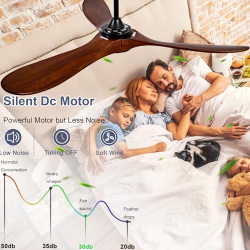 Image of 52-inch silent ceiling fan light with remote control, 3CCT, walnut finish. | 3CCT, mobile app, full memory function, for use in living rooms, dining rooms, bedrooms, offices, balconies, and outdoors.