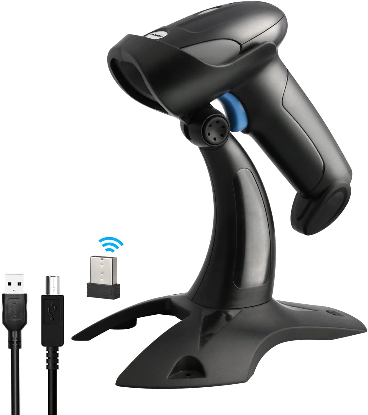 Sumicor 1D Barcode Scanner with stand, USB dongle, and charging cables