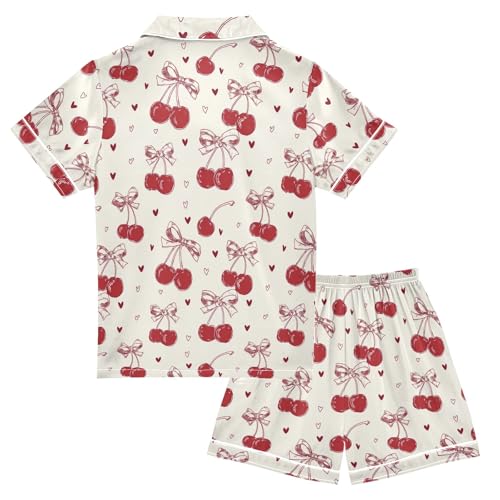 Red Bow Cherry Love Pattern Summer Satin Pajama Set, Cute Button-Down Sleepwear Pj Set for Sleep Wears2