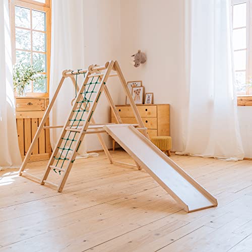 EZPlay Panda Indoor Jungle Gym - Foldable Play Area with Monkey Bars, Play Gym Swedish Ladder, Rope Wall Net, Toddle Slide, Swing Set & Rings - Indoor Kids Gym - Play Structure for Kids Age 18months+