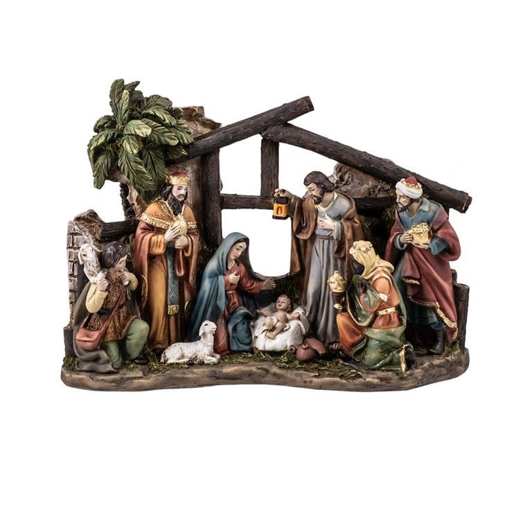 Misterio de 1 Pieza Nacimiento Clasico con Reyes y Pastor con Oveja de Resina Pintado a Mano 23x8x17 cm