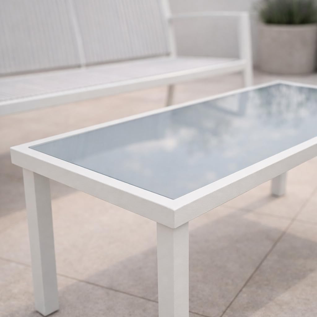 Set Salotto da Giardino 4 Pezzi, Divano 2 Posti, 2 Poltrone e Tavolino in Vetro Temperato, Mobili da Esterno in Metallo e Textilene per Terrazzo Balcone Patio (Bianco)