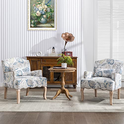 Bonzy Home Modern Accent Chair Set Of 2, Comfy Armchair With Wooden Legs, Upholstered French Single Sofa Reading Chairs With Pillow Retro Side Chairs For Living Room Bedroom Club, Floral Pattern #TOP13
