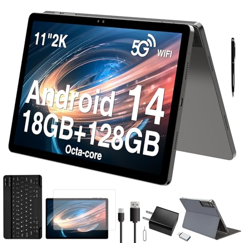 2026 Latest 11 inch Android Tablet, 18GB RAM 128GB ROM, 1TB Expandable, 2K Display, T616 Octa-Core, 13MP+5MP+5MP Camera, 9000mAh Battery, GPS, Face ID, Quad Speakers, Tablet with Keyboard and Pen