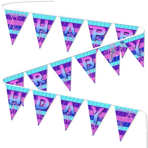 Image of K-POP Happy Birthday Banner, 13ft Long Polyester Bunting Banner with 16pcs Triangle Flags, Purple Blue Gradient Pennant Banner for K-pop Fans Birthday Party Decorations, Indoor Outdoor Hanging Decor
