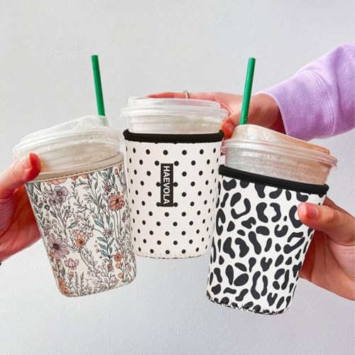 Image of Reusable Insulated Neoprene Iced Coffee Cup Sleeve, Durable Drink Sleeve for Cold Beverages, Beverage Holder for Iced Coffee, Black Polka Dots