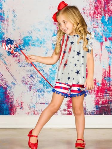Image of Toddler Girls July 4th Shirts American Flag Ruffle Short Sleeve Patriotic Red White Blue Star Outfits Blouse Tops