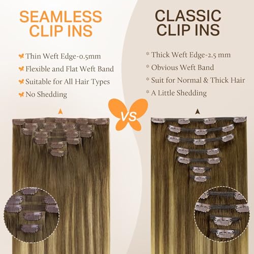 Image of DOORES Real Human Hair Extensions - Medium Brown Highlighted Dirty Blonde, 7pcs 14 Inch 110g, Seamless Clip In, Invisi Edge, Straight