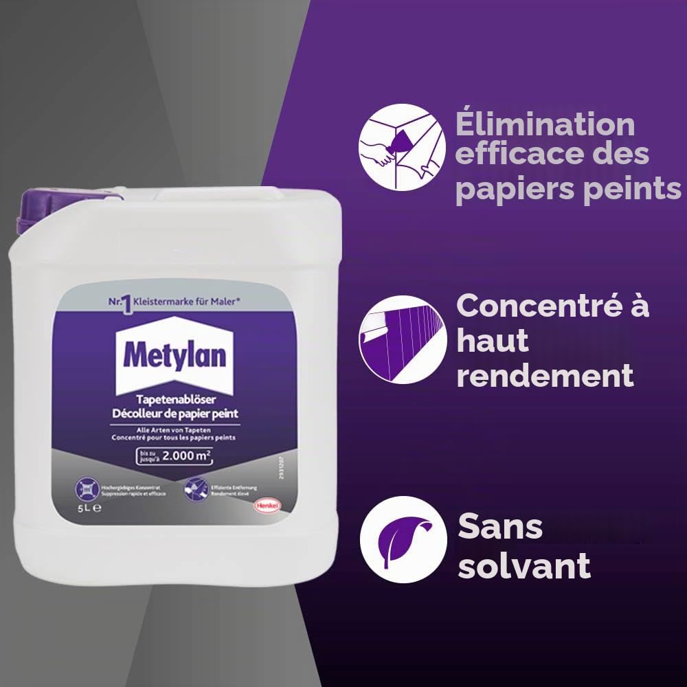 METYLAN Décolleur Actif, décolle tous types de papiers peints - très concentré jusqu'à 400 m² de papiers peints décollés avec 1 litre - bidon de 5 litres