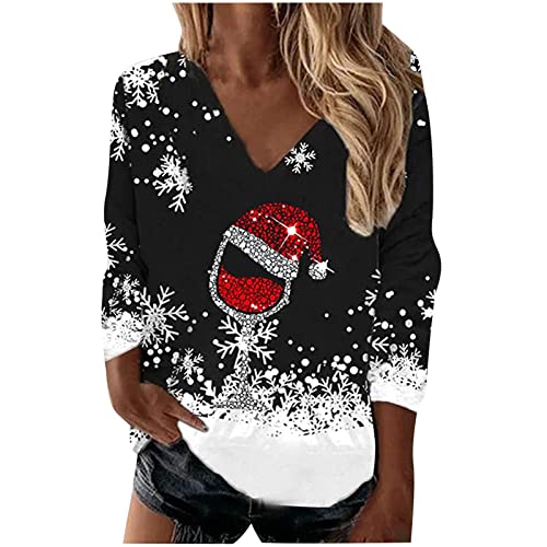 Image of TURWXGSO Christmas Jumpers for Women Funny V Neck Sweatshirts Long Sleeve T-Shirts Xmas Snowflake Graphic Shirts Tunic Tops Casual Loose Fit Festive Holiday Pullover Tshirts