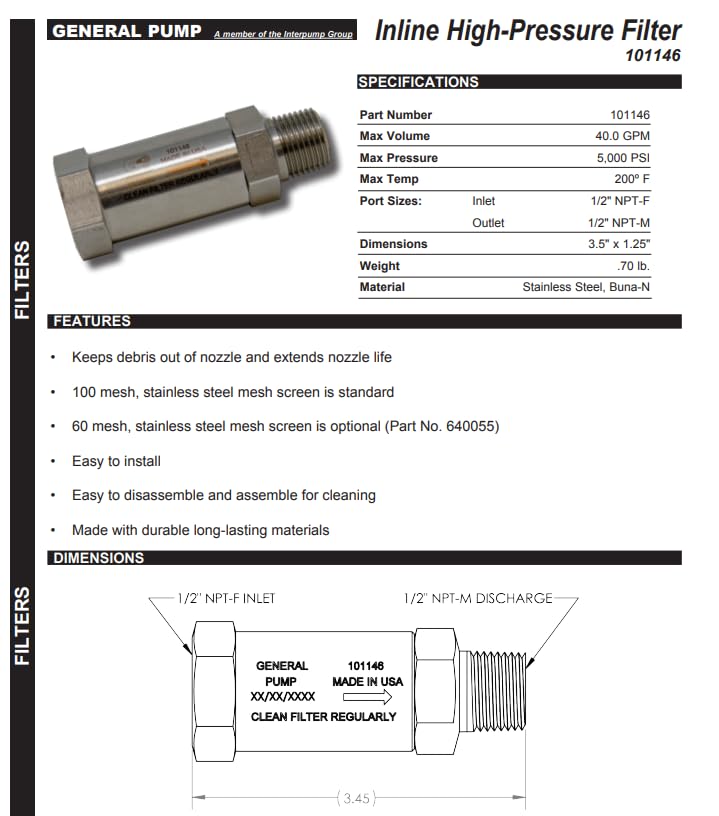 General Pump 101146 Inline-Hochdruckfilter, 1,27 cm, 5000 PSI, 40 GPM