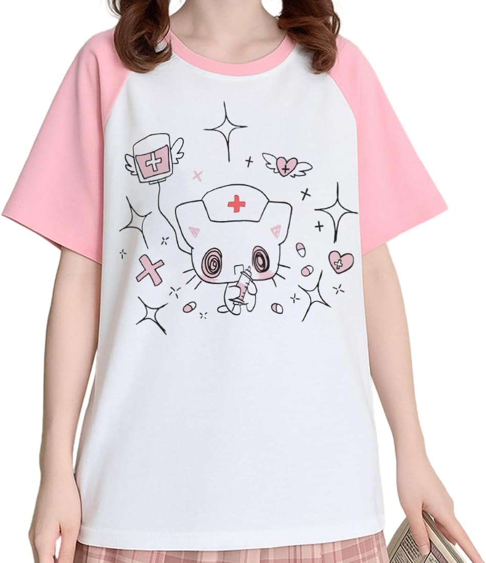Kawaii Clothes Casual Crew Neck Pink White Raglan Short Sleeve Cartoon Graphic Cute Nurse Cat Print T-Shirt