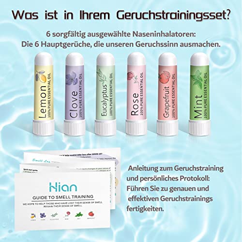 Hion Riechtraining Set, Sniffin Sticks, 6 ätherischen Ölen, Geruchstraining Set hilft Ihren Geruchssinn wiederzuerlangen, Zitrone Minze Rose Grapefruit Gewürznelke Eukalyptus Ätherische Öle