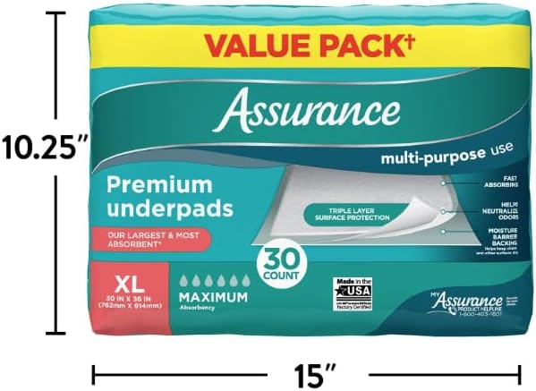 Assurance Unisex Premium Underpad for Adults, XL, Maximum Absorbency, 30 Count