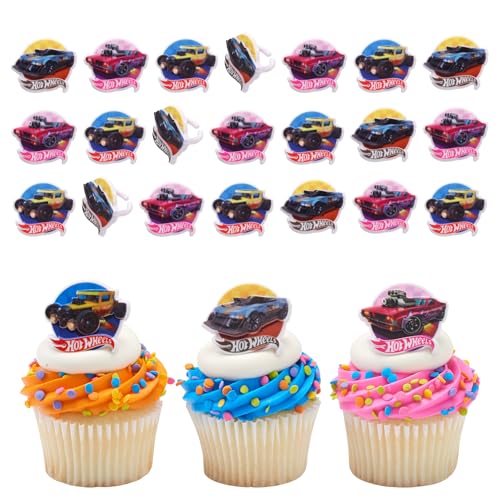 Hot Wheels™ Rings | 24 Epic Stunt Cupcake Toppers | DecoPac Hot Wheels Cars Cake Decorations, Multi-colored, Food Safe & Ready To Use - 24 Pack