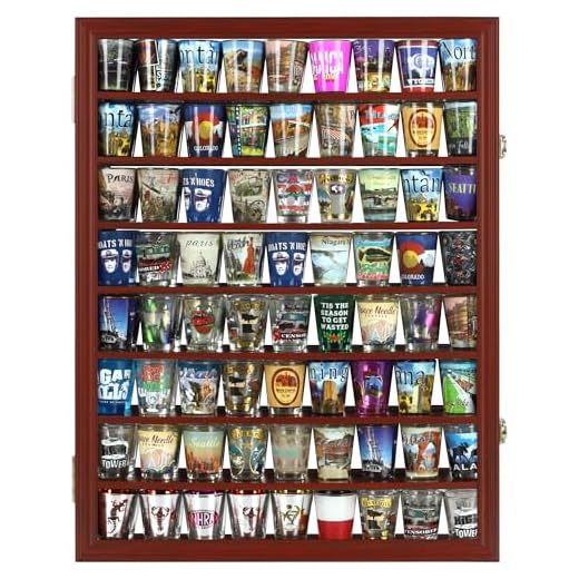 Shot Glass Display Case Solid Wood Wall Shot Glass Cabinet Rack Holder Lockable with UV Protection Acrylic Glass Door Shot Glass Collection Display Cabinet Mirror Back (Cherry Finish)