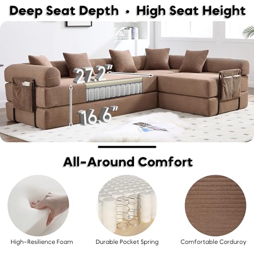 Image of L-Shape Modular Sectional Sofa Bed, Corduroy Boneless Couch, Brown
