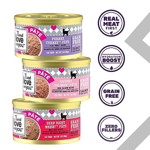 Image of I AND LOVE AND YOU Naked Essentials Canned Wet Cat Food - Variety Pack: Beef Recipe, Salmon+Chicken Recipe, Turkey Recipe, 3-Ounce Cans, Variety-Pack Pate; Beef, Salmon, Turkey (Pack of 48)