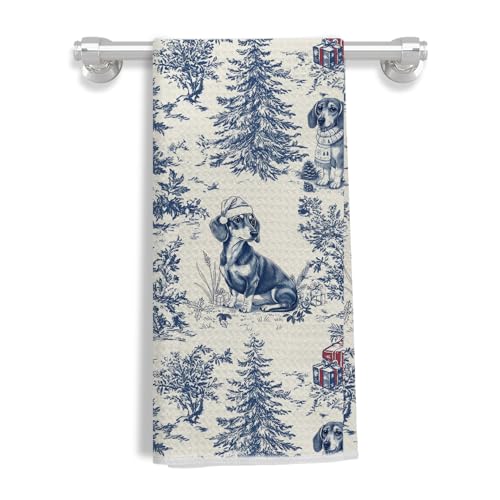 Image of Blue Dachshund Christmas Kitchen Towels,Vintage Dog Lover Gifts Dish Tea Towels for Kitchen,French Chinoiserie Holiday Decorative Hand Towel for Bathroom, 16x24 Inch
