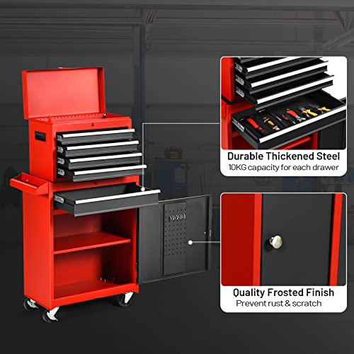Ergomaster 5-Drawers Tool Chest Cabinet High Capacity Tool Storage Cabinet With Wheels And Locking System, Removable Toolbox Organizer With Sliding Drawers (Standard 5 Drawers，Black&Red) #TOP4