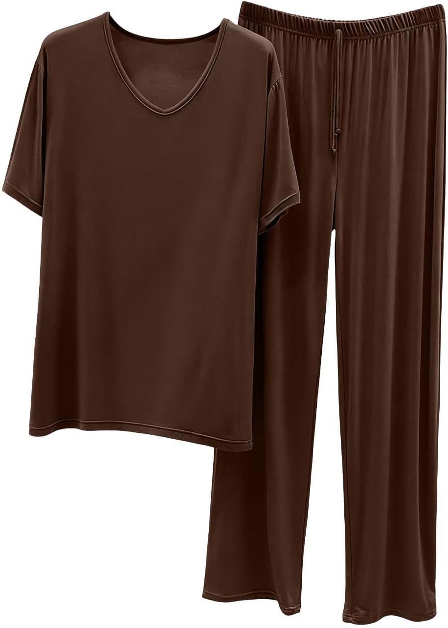 Cambkatl Men's Modal 2 Piece Outfits, Pullover Loose V Neck T-Shirts with Lounge Pants Matching Summer Pajamas Sets
