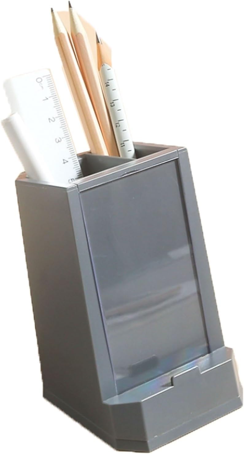 Creative Tilted Pen Holder with Phone Stand, Double-Layer ABS Desk Organizer Holds 15-20 Pens, Non-Slip Base(Grey)