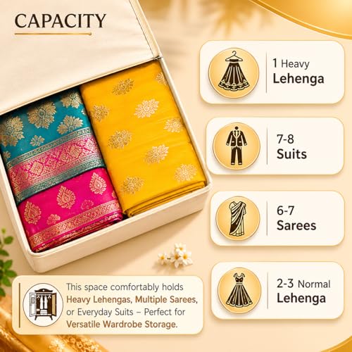 Image of Kottify 2 Pack Cotton Canvas Clothes Storage Bags /Saree Covers with Zip for Storage Specially Design for Woman Dresses, Sarees, Lehengas for Wardrobe Organizer (43cm x 36cm x 17.8cm),Beige