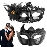 Fonyet 2 mascarillas venecianas para mujer y hombre, máscara de baile de encaje, color negro, máscara de carnaval sexy para Halloween, carnaval, vestido de noche, baile, fiesta