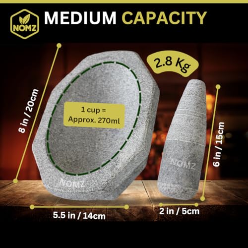 Image of NOMZ Kalvam Stone Mortar and Pestle Set with Anti-Slip Pad & Silicone Spatula - 2.8 kg Medium, 8 inch Block Shape - Khalbatta /Silbatta