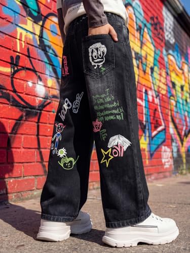 JiAmy Chłopięce spodnie dżinsowe, elastyczny ściągacz, Baggy Jeans chłopięce, szerokie nogawki, Y2k, dziecięce spodnie cargo, bawełna, spodnie dżinsowe dla chłopców i dziewczynek, 120-160 (5-13 lat