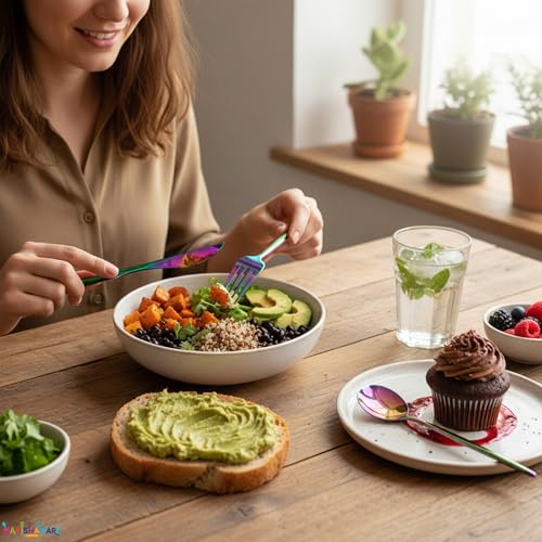 Image of Slim Handle Rainbow 16 Pcs Stainless Steel Cutlery Set for Dining Table, Dishwasher Safe Glossy Flatware (4 Spoon Set + 4 Forks Set + 4 Butter Knife + 4 Dessert Spoon)
