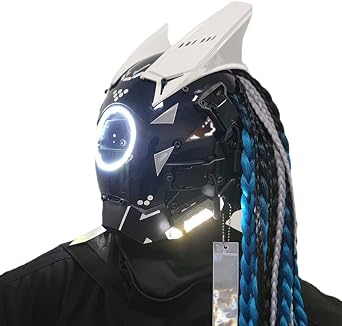 قناع MAKSJIUCosplay المتوهج لحفلة الهالوين، خوذة قناع البانك، قناع استشعار تكنولوجيا الجديلة الخفيفة المستديرة